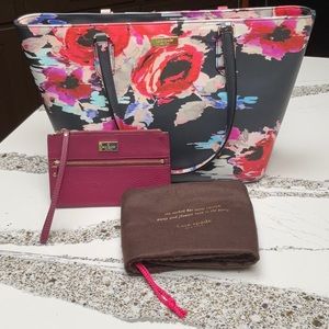 Kate Spade blurry floral tote and leather wristlet set